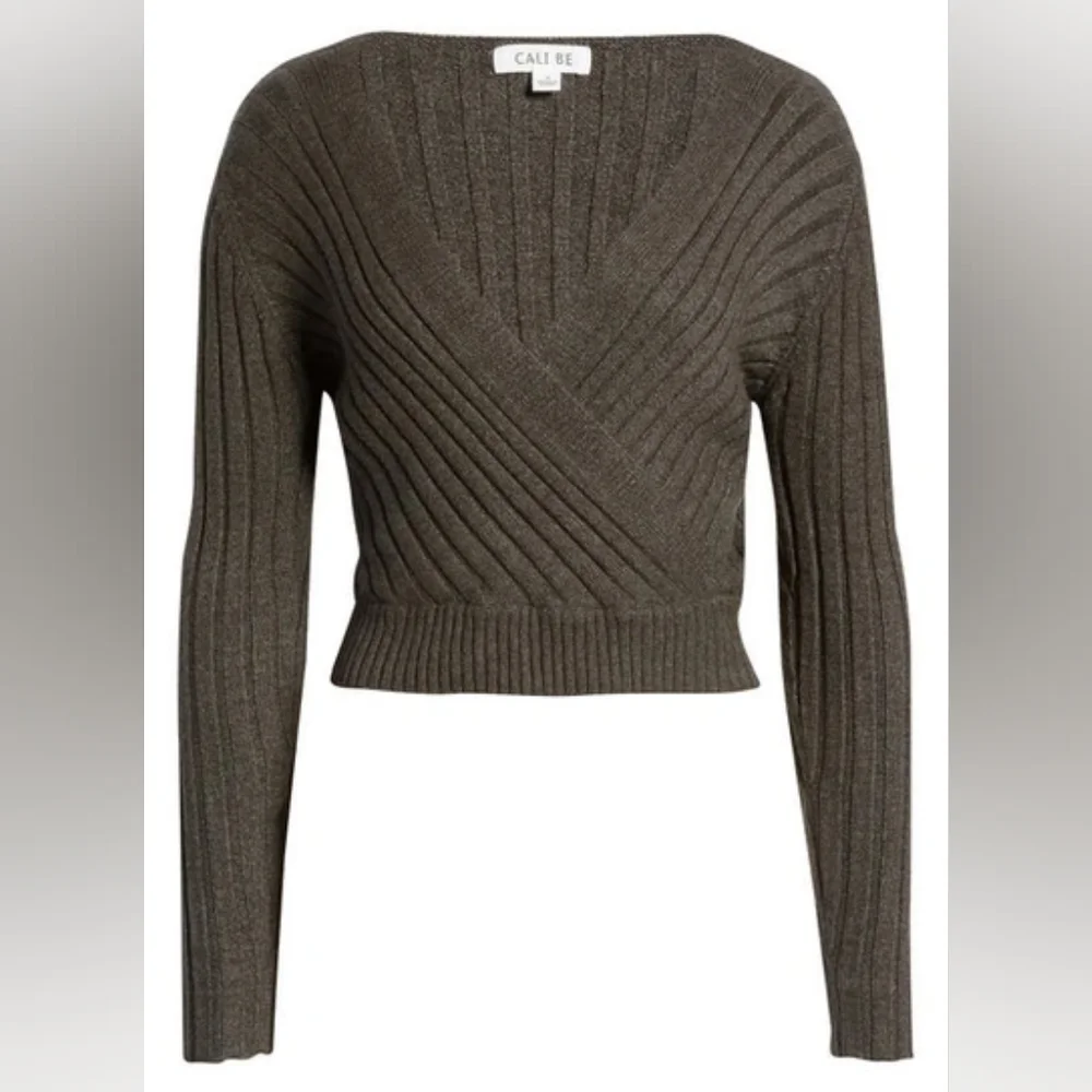 Cali Be Ribbed Wrap Front Sweater On Dark Charcoal Size Medium NWOT - Picture 1 of 8
